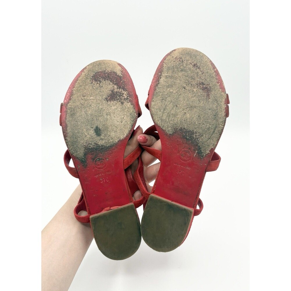Chanel Red Suede Sandals w/ Camelia Flower Accents Pearls T Strap Size EU 37 - Picture 12 of 13